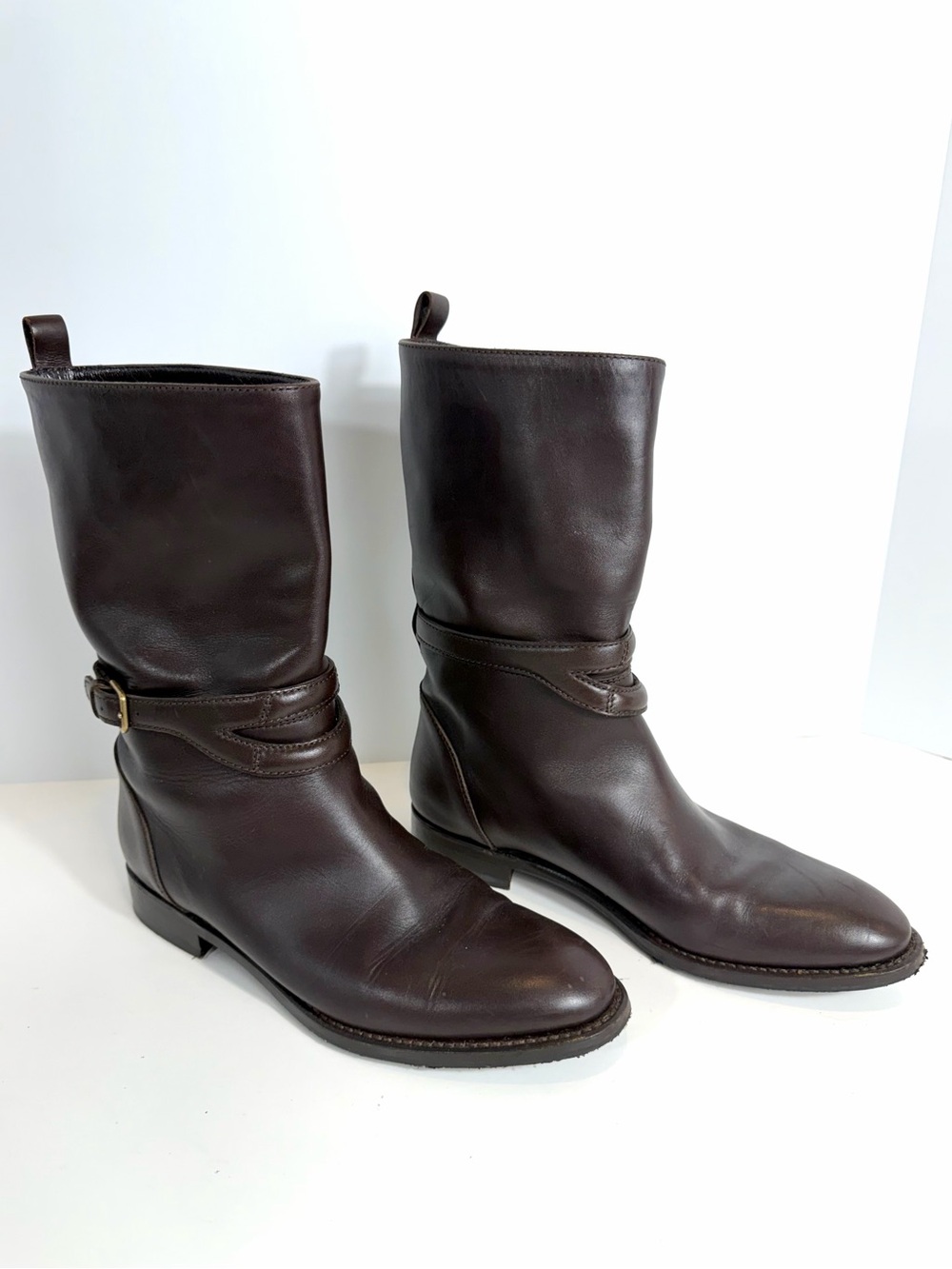 YSL Saint Laurent Brown Leather Harness Moto Boots Buckle Size 39 Spain